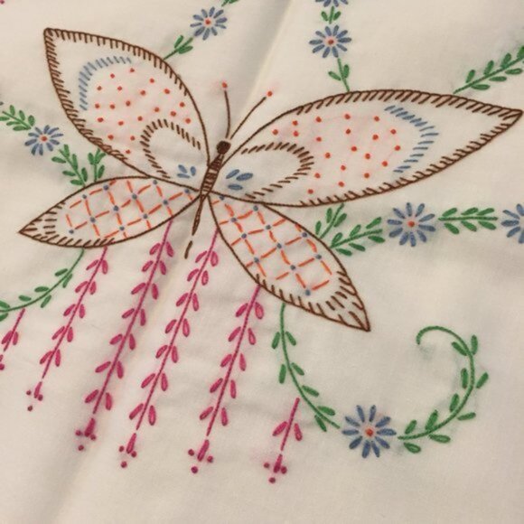 2 Vintage Hand Embroidered Pillow Cases Butterfly Floral w/Crochet Trim - Picture 4 of 10